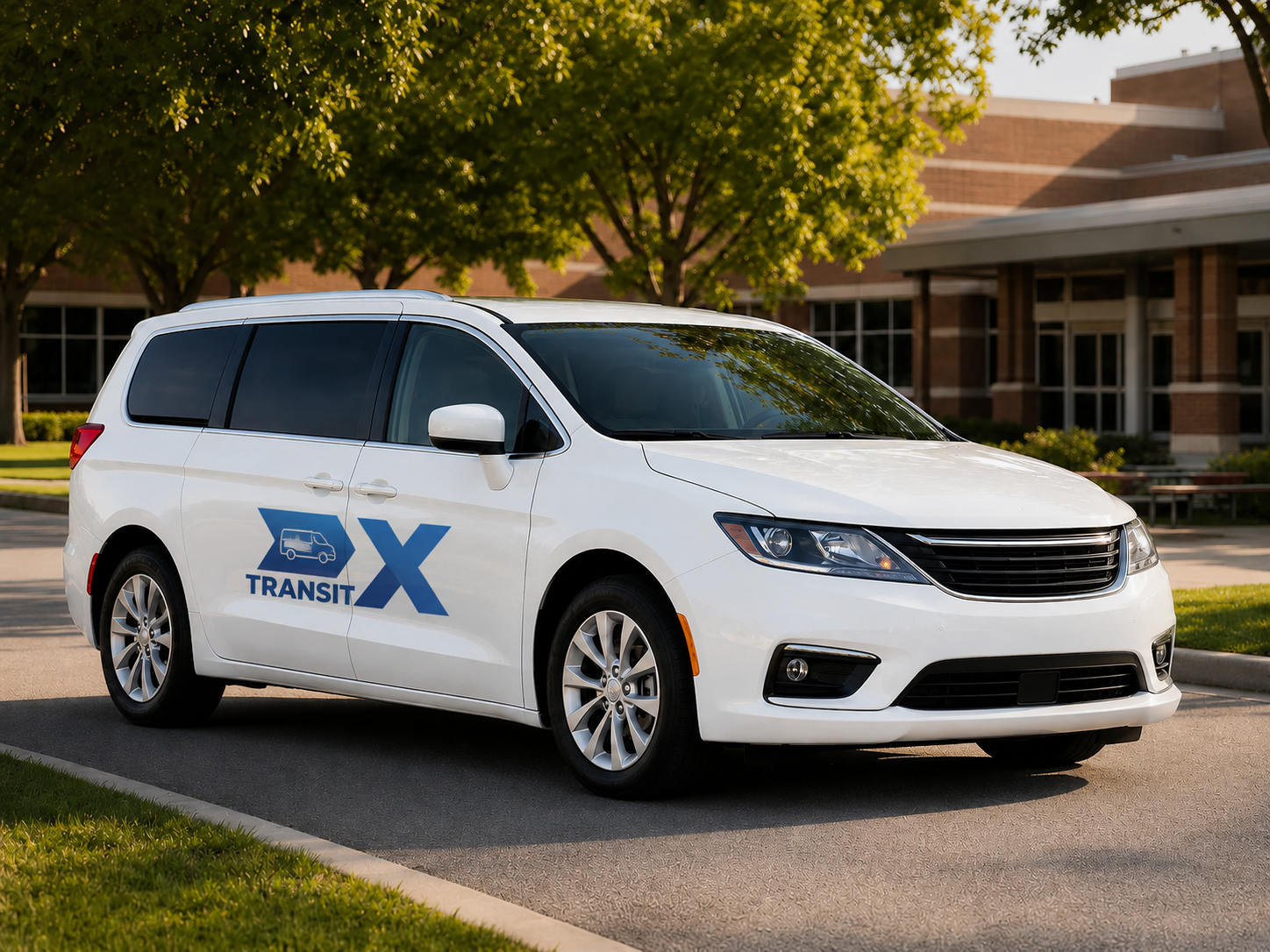 Clean TransitX white minivan parked at a school