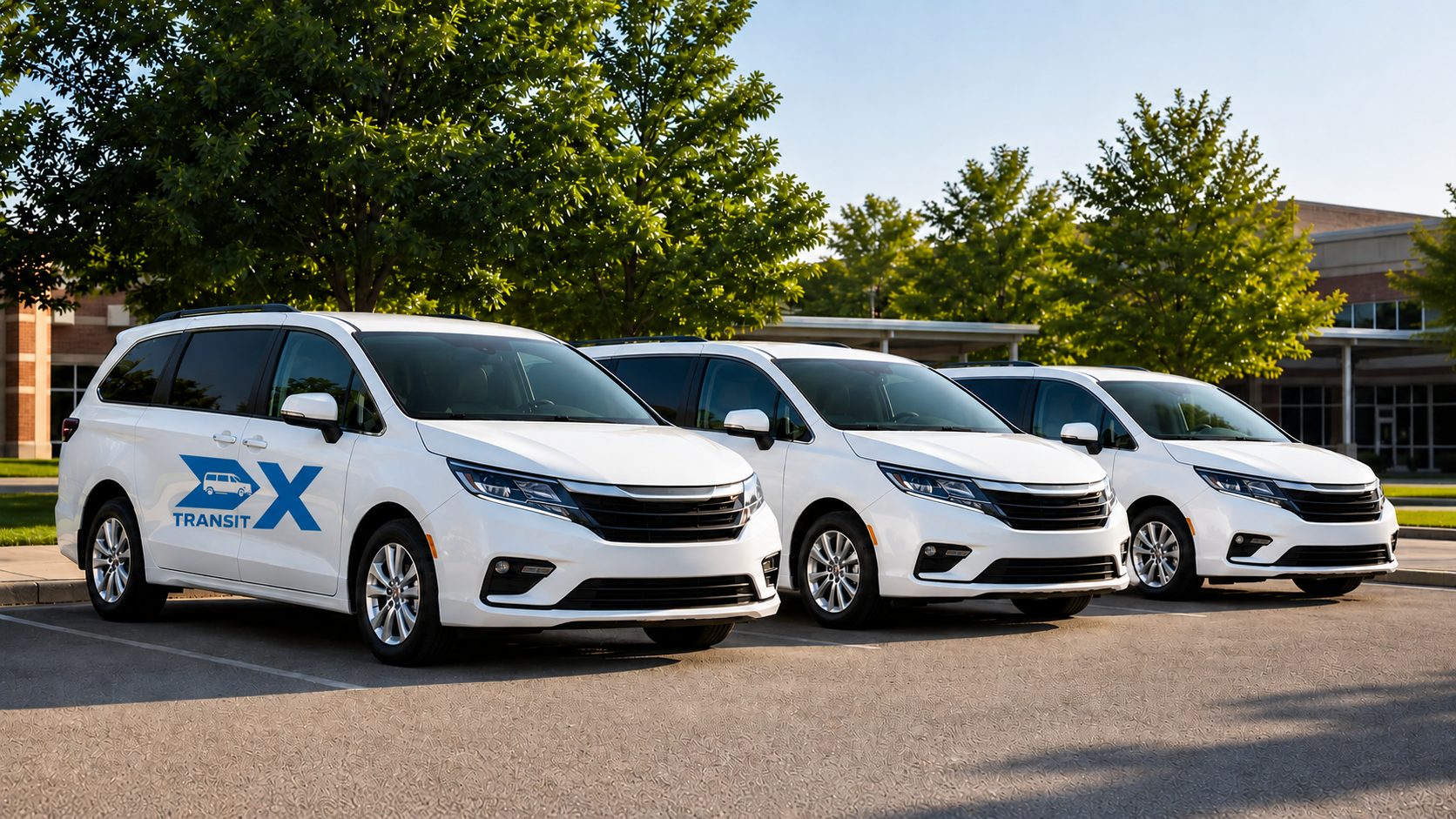 TransitX fleet of clean white passenger minivans